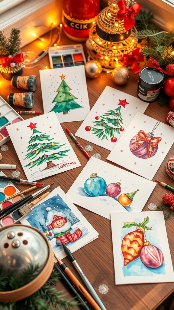 A collection of painted Christmas cards with festive designs on a wooden table with paint supplies.